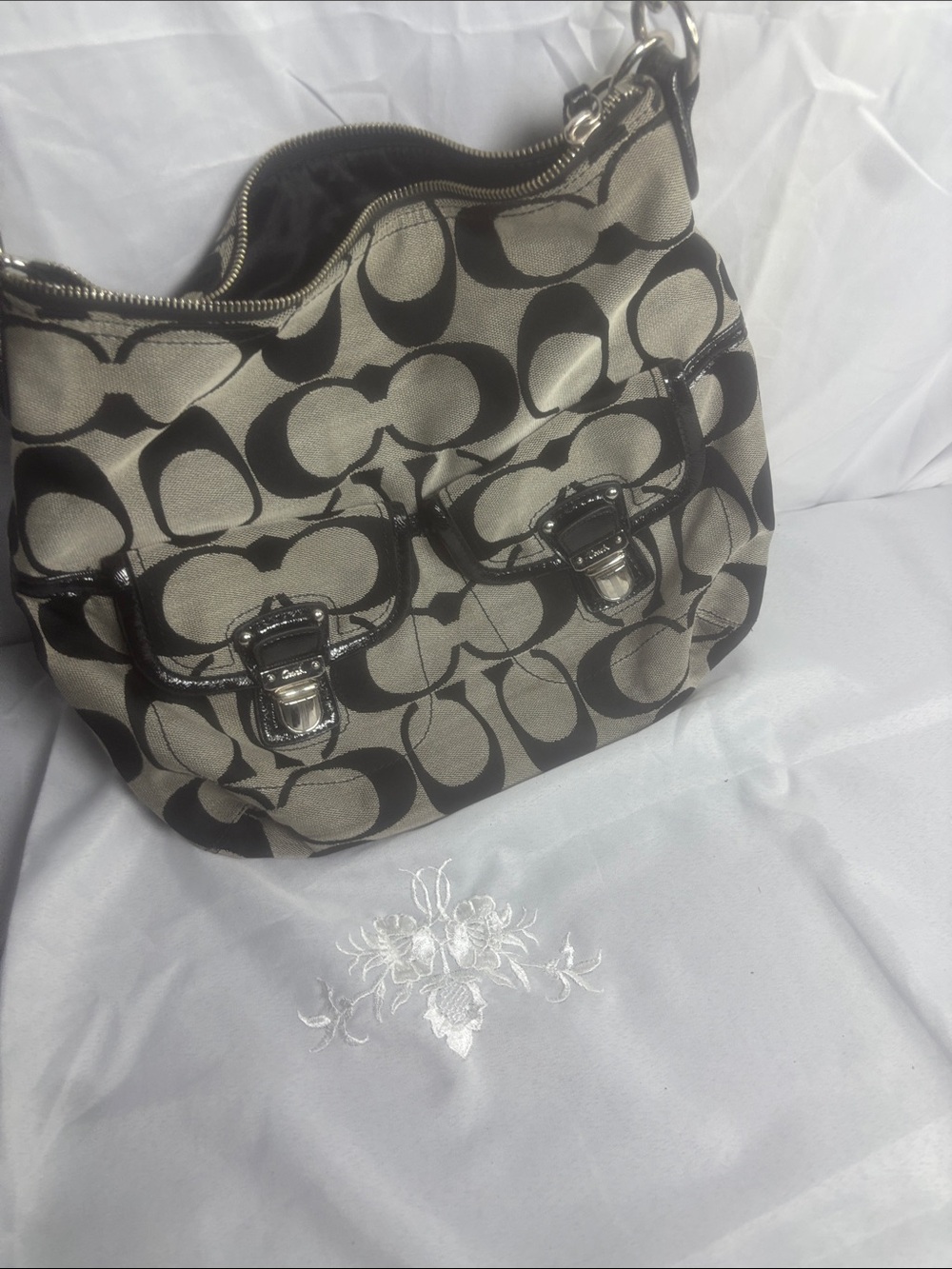 Coach Canvas Shoulder Bag in Khaki and Black
